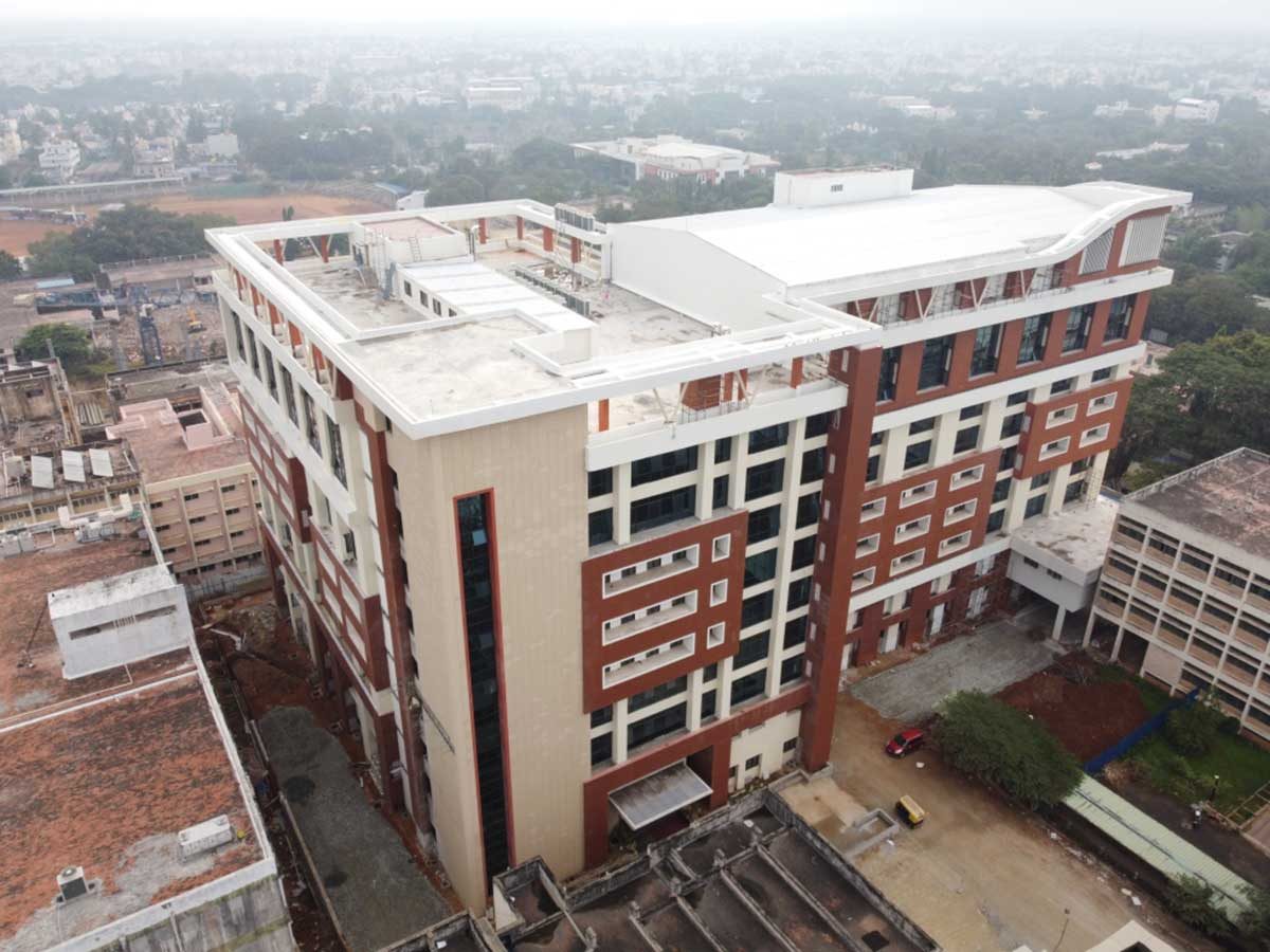 The building from above, beside the older campus blocks